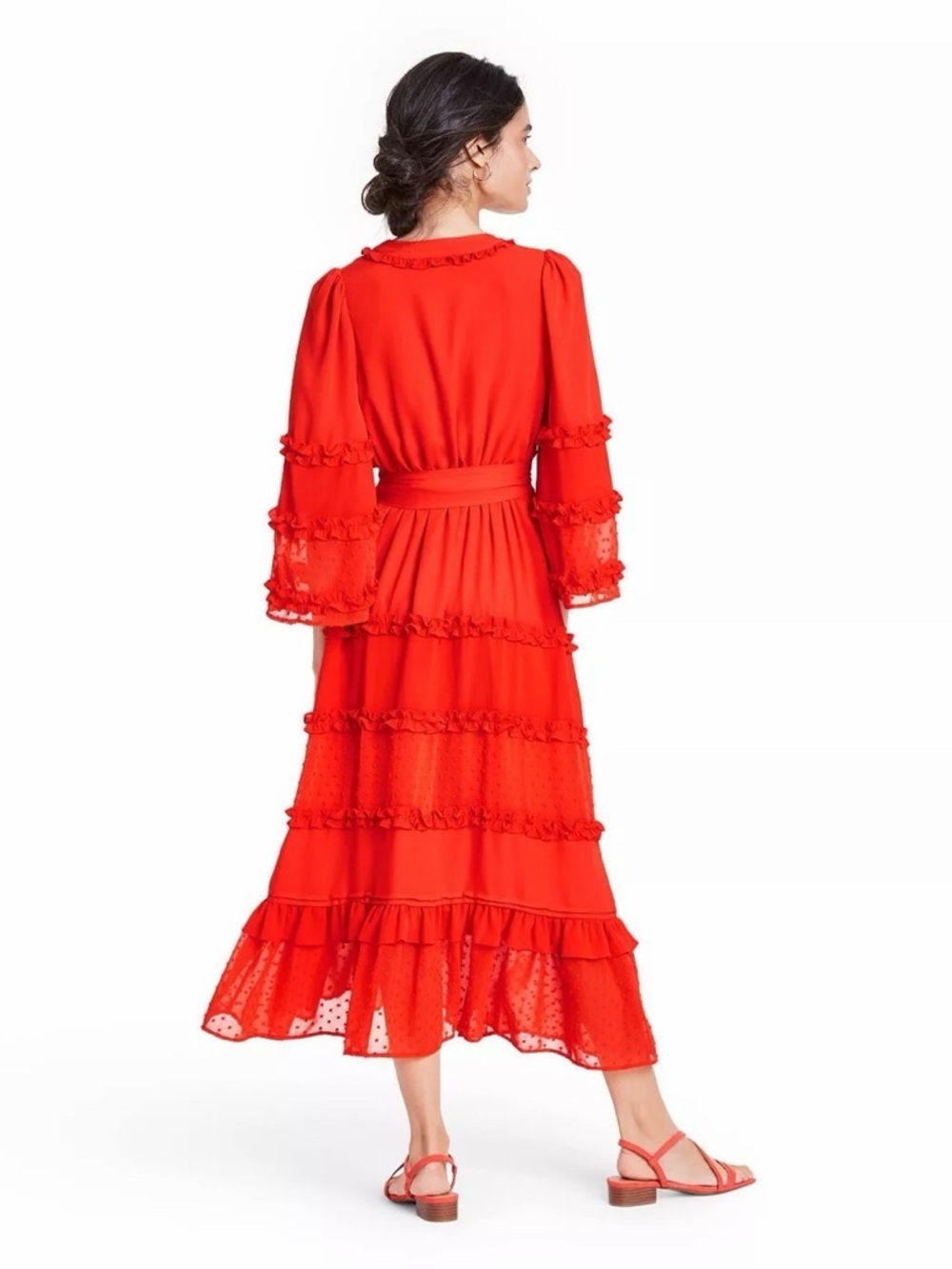 ALEXIS for Target Red Clip Dot Ruffle Tiered Midi Dress Angel Sleeve Wrap Size M - Picture 3 of 15